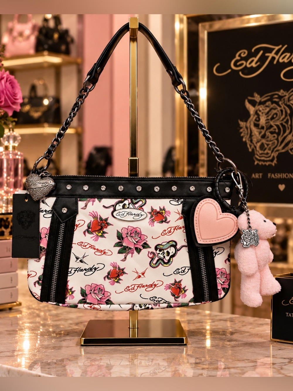 Ed Hardy Tattoo Print Rhinestone Shoulder Bag w/ Charms & Teddy 🖤🌹🧸